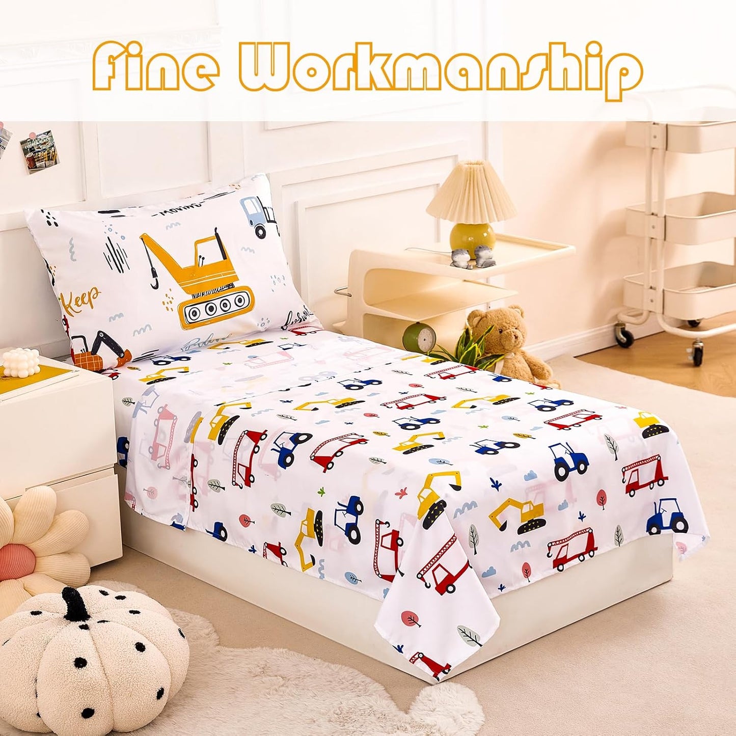 4 Sets Set Set PERFEMET Piece Boys Twin Bedding Car Printed on White Kids Comforter for Boys Reversible Cartoon