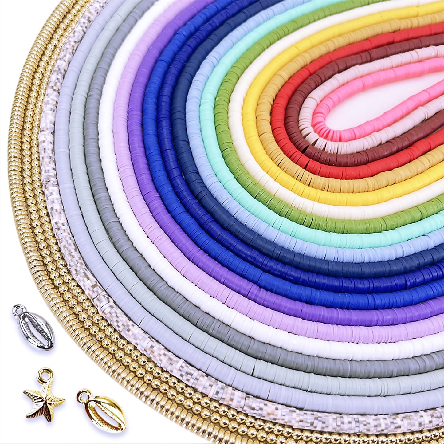 QiQnHngD 8200 PCS 20 Strands Clay Beads Kit, Polymer Clay Beads for Bracelets Making, with Gold Spacer Beads and Charms, 6mm Neutral Beads for Friendship Bracelet, Earth Tone Beads for Adults