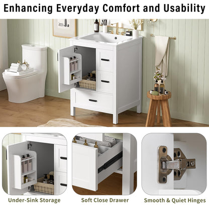 Favfurish 24" Bathroom Vanity with Ceramic Sink,Freestanding Bathroom Vanities with Soft-Closing Door and Double-Layer Door Shelf,Modern Bath Storage Cabinet w/ 3 Drawers,White