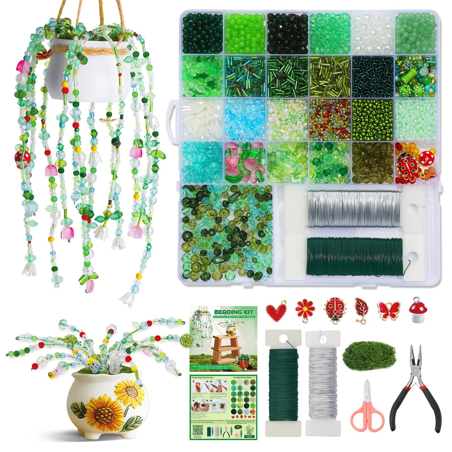 GarfxG Beaded Plant Kit, Green Glass Beads Plants Kit, Forever Plant Beads Green Beads with Step by Step Instructions, Video Tutorials, DIY Making Tools for Home Decor Jewelry Making DIY Craft