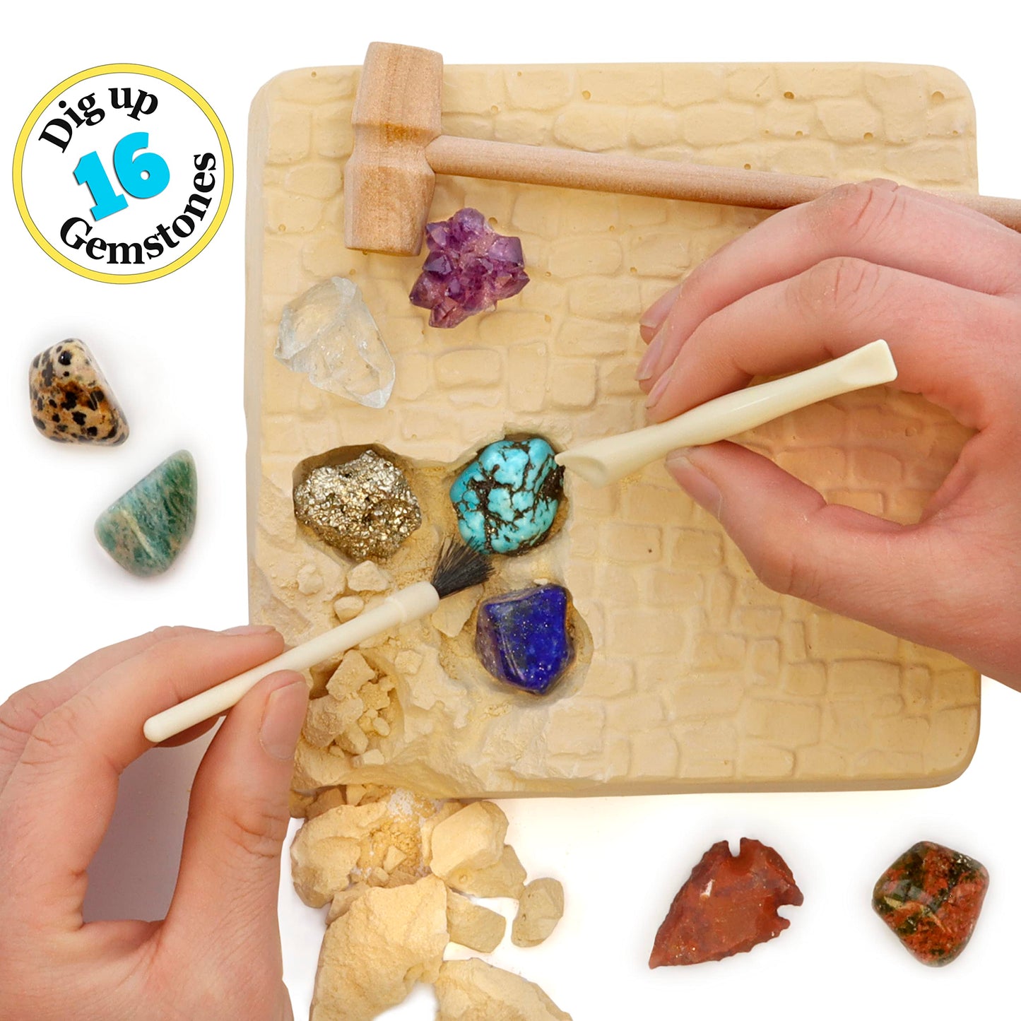 DANCING BEAR Gem stone Dig Kit, Excavate 16 Real Gems & Crystals including Arrowheads, Quartz Point and Amethyst, STEM Education for Kids, Fun Rock Mining Science Activity Gift Sets for Girls and Boys