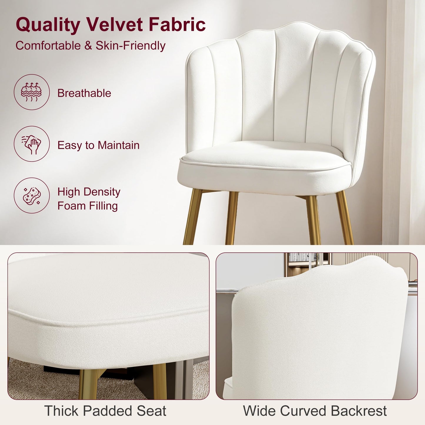 VECELO Velvet Dining Chairs Set of 6, Modern Upholstered Kitchen Chairs with Thick Cushions, Curved Padded Backrest and Metal Legs, for Kitchen, Dining Room, Living Room, White
