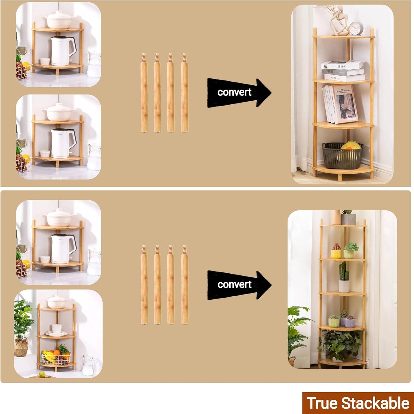 3-Tier (1, 3-Tier) Expandable Bamboo Corner Shelf Stand,Corner Bookshelf, Display Storage Shelves with Open Shelves