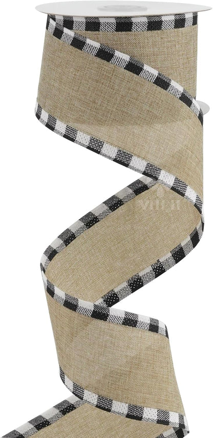 MEEDEE Burlap Christmas Ribbon - Wired 2.5 Inch Plaid with Black & White Edging | 10 Yards for Trees & Wreaths