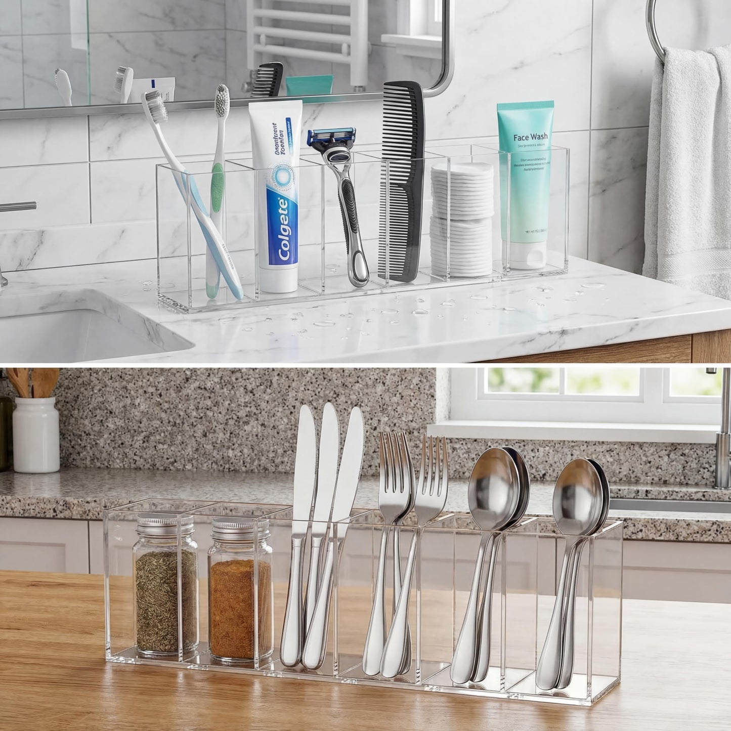 Jetec Acrylic Pen Holder 6 Compartments Makeup Brush Stationery Organizer Pencil Holder for Desk Accessories, Cosmetic Brushes, Dorm, Home, Bathroom, Kitchen, Office Supplies(Clear)