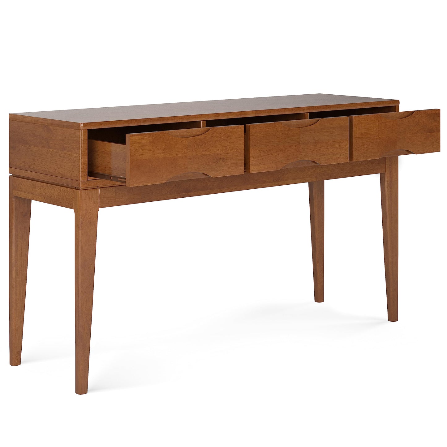 SIMPLIHOME Harper Console Table - 54 Inch Wide Solid Hardwood Sofa Table in Teak Brown, Mid-Century Modern Storage Table for Entryway or Living Room with 3 Drawers, Notched Handles, and Tapered Legs