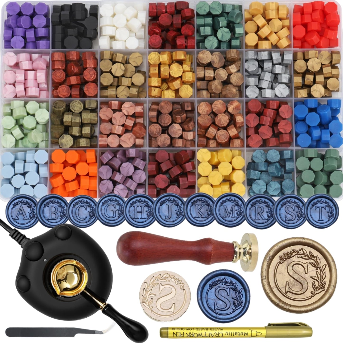 Sealing Wax Stamp Kit with Electric Wax Seal Warmer, 732 Pcs Waxseal Beads, Initial Alphabet Sealstamp, Spoon, Letter Sealingwax Kit (S)