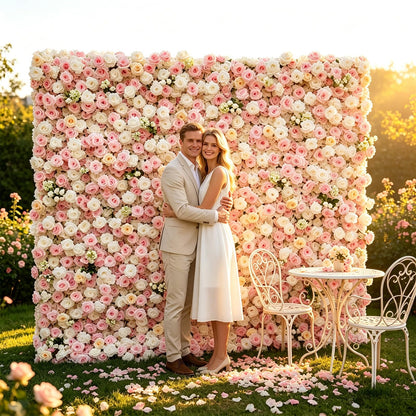 5D Artificial Silk Rose Flower Wall Backdrop, Pink and White Floral Wall, 8×8 Ft, Easy to Install and Store, Reusable, Perfect for Weddings, Birthday Parties, Garden and Home Decor, Without Stand