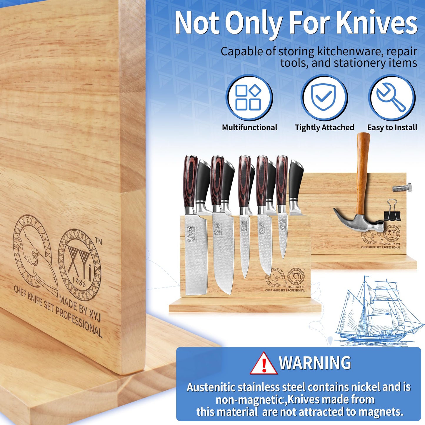 XYJ Authentic Since 1986, Magnetic Knife Block, Double Side Kitchen Knife Stand, Acacia Wood, Magnetic Knife Holder with Strong Enhanced Magnets,Knives Storage Rack Stand for Home Kitchen