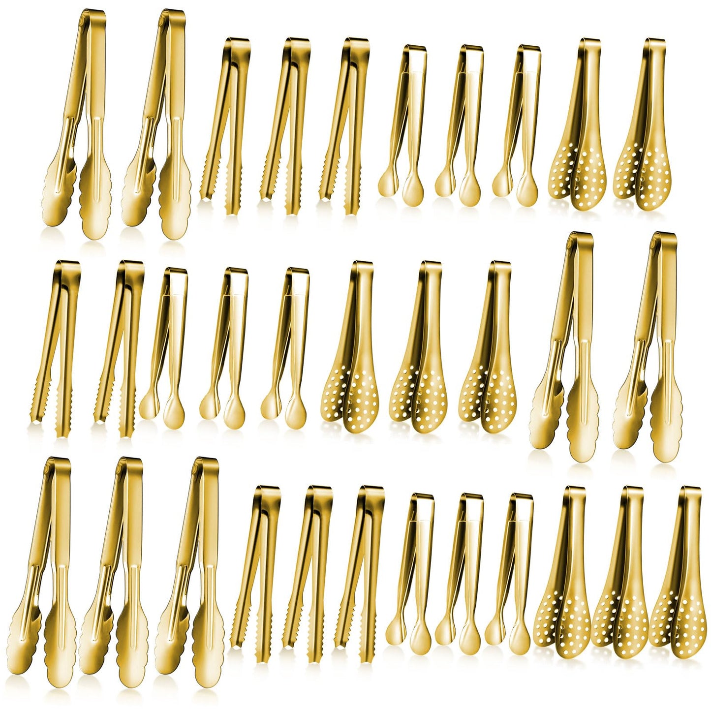 Mumufy 32 Pcs Mini Serving Tongs Buffet Serving Utensils Stainless Steel Small Tongs Catering Kitchen for Appetizer Tea Party Coffee Bar Food Ice Salad Barbecue Cookies Sugar, 4 Styles(Gold)