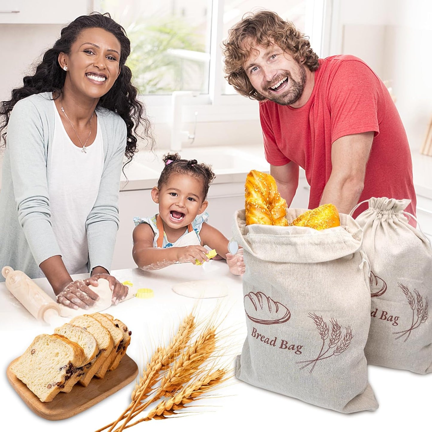 KYWJP 3 Pack Bread Bags for Homemade with Inner Lining, Linen Sourdough Reusable Bread Bags for Homemade Bread