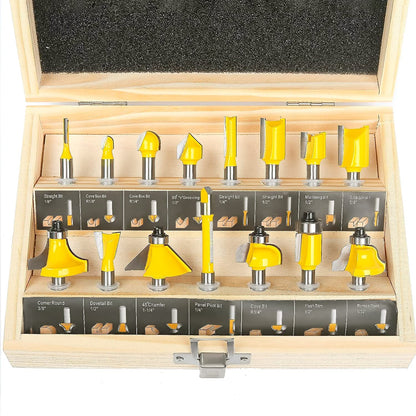 TOOLDO Router Bits 15 Pcs Set with Wooden Box, 1/4 Inch Shank with High-End Carbide Router Bits Kit, for Woodwork Project