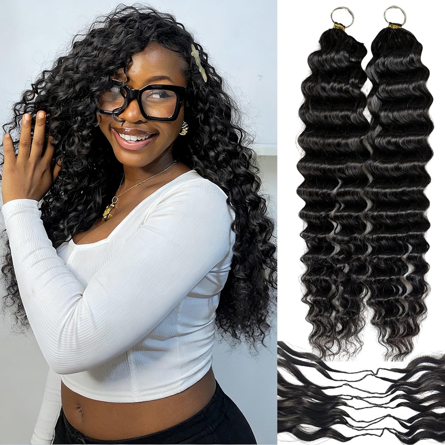 20 Inch Feather Crochet Human Hair for Black Women Miracle Knots Crochet Bundles 120g Pre-Separated Deep Curly Wave Crochet Human Hair Extensions Reusable Knotless Invisible 100 Strands CNZZJX