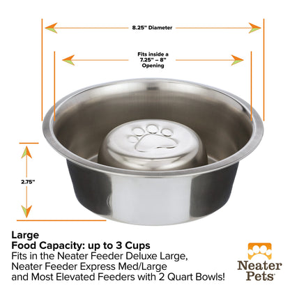 Neater Pet Brands Stainless Steel Slow Feed Dog Bowl for Fast Eating Large Breed, Metal Slow Feeder Dog Bowl Fits in Large Neater Feeders, for Puppy or Dogs (>40 lbs), 3 Cup Food Capacity