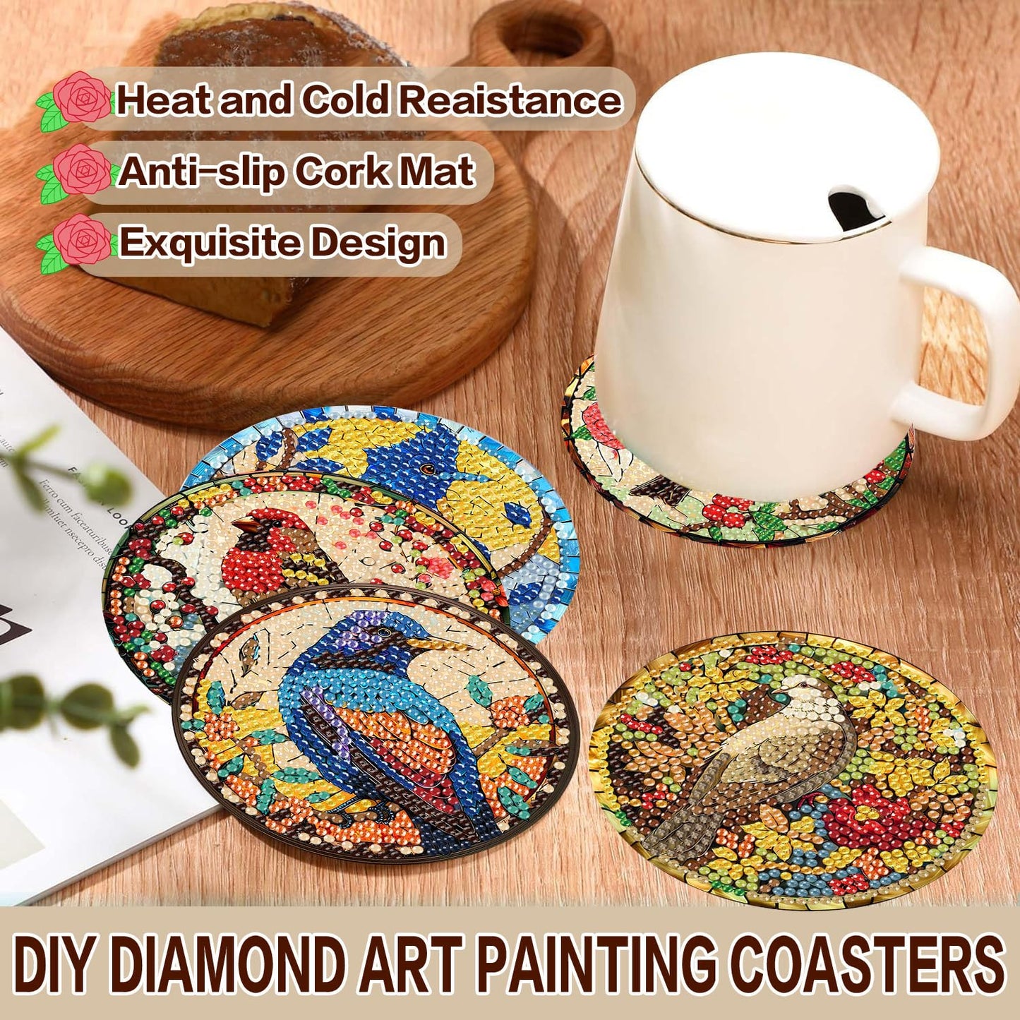 Axquilon Birds Diamond Art Coasters Kit for Adults, 8 Pcs Diamond Painting Coasters Kit with Holder, DIY Non Slip Art Supplies 4x4in