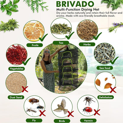 BRIVADO 6 24" Herb Drying Rack Hanging Mesh Layer with Zipper, Gloves, Garden Pruning Shear, Hook & Carabiner Clip