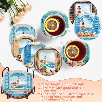 8 PCS Diamond Art Coasters Kits Lighthouse Diamond Painting Coaster Kits Diamond Coasters with Holder Cork Pads Gem Art Dots Paintings Crafts Supplies for Adults Beginners