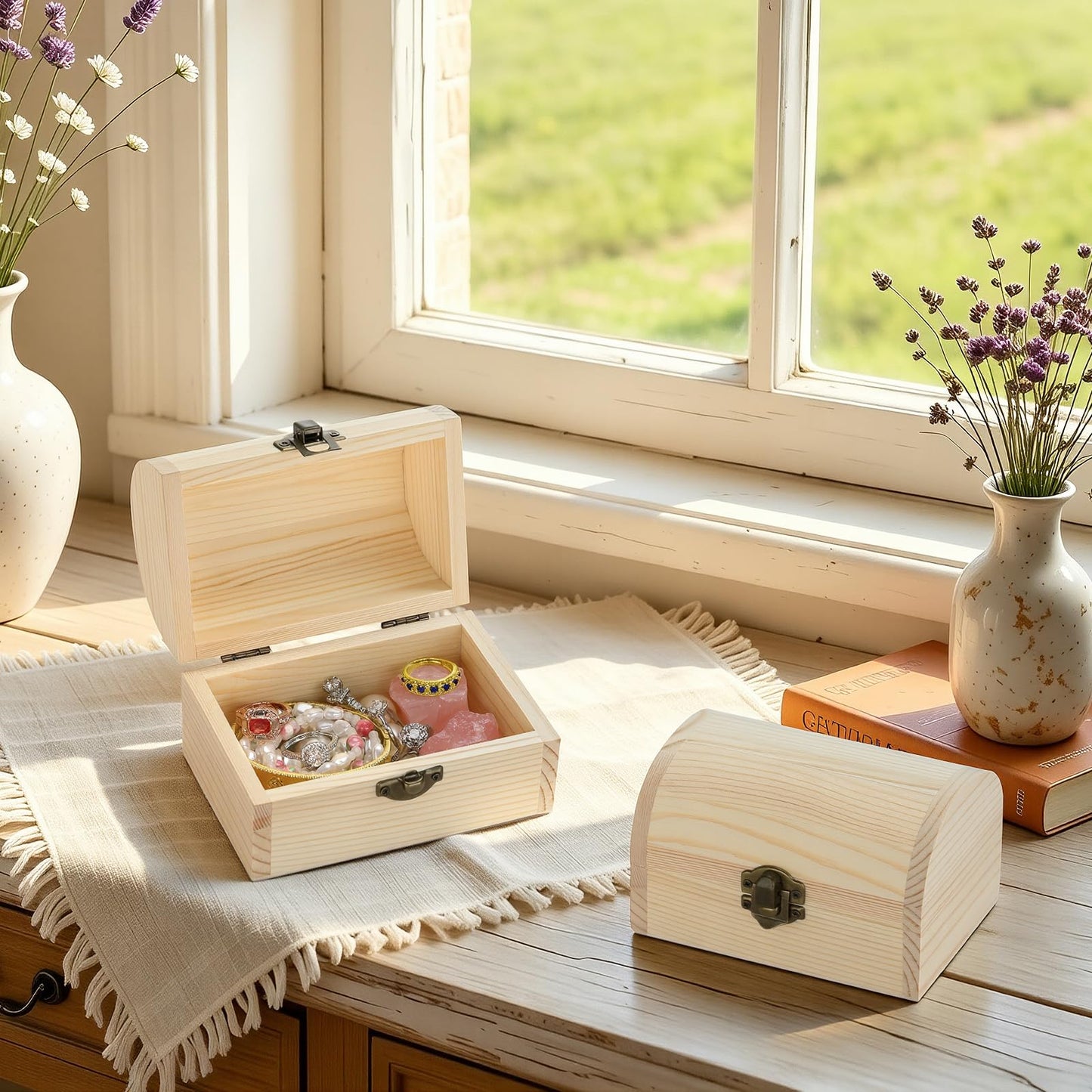 BAOPEND 2 Pieces Unfinished Wooden Treasure Box with Hinged Lid, Small Wood Storage Box for DIY Crafts, Jewelry, Keepsakes, Home Decor (2*Large)