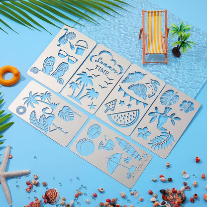 Lewtemi 6 Pcs Mixed Metal Stencil Wood Stencil Templates Stencils for Journaling Burning Stencils for Wood Carving Drawing Engraving Scrapbooking Journal Craft DIY (Summer Style)