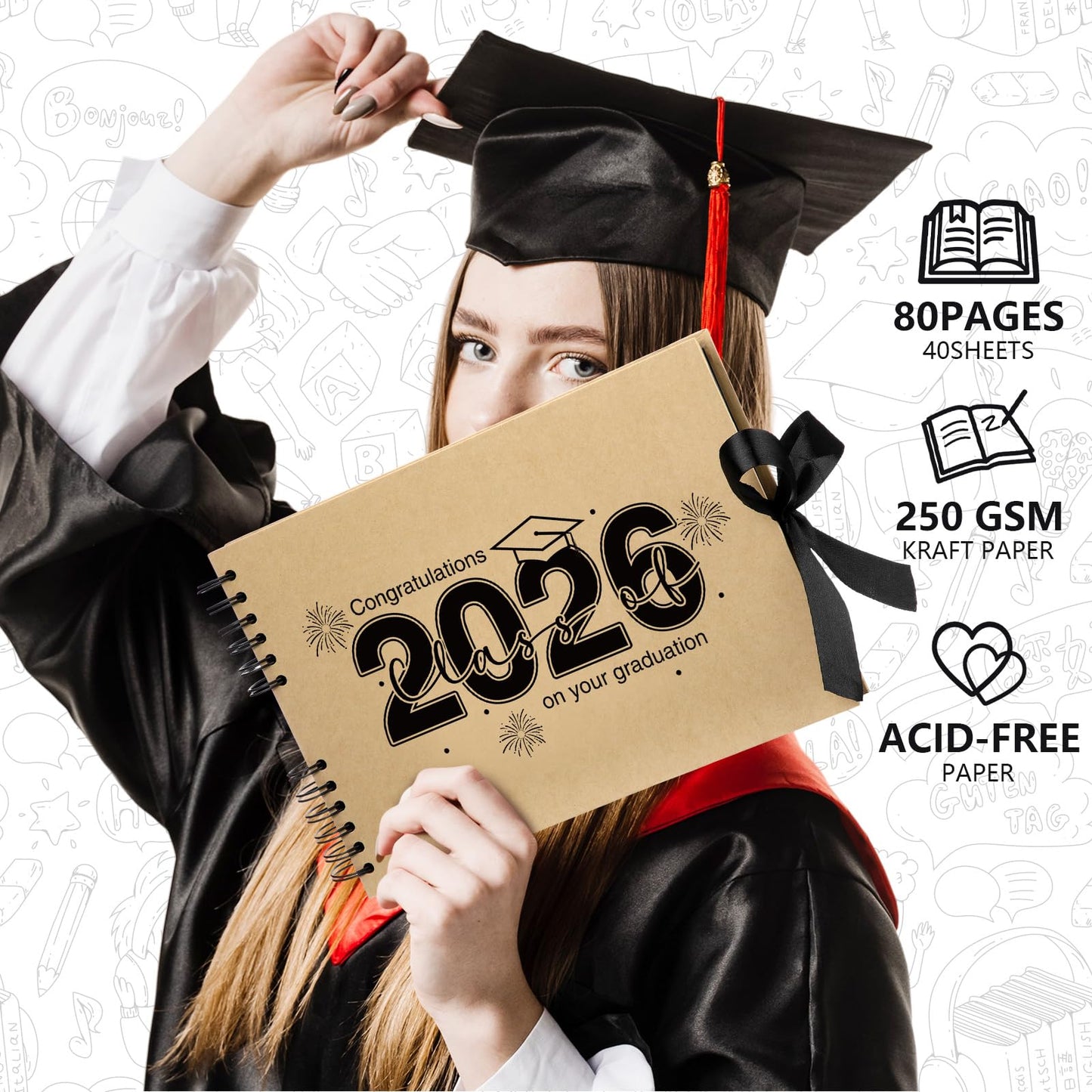 Dunzoom 80 Pages Graduation Scrapbook Kit 11 x 8 Inch Photo Album of 2026 Graduation Decoration with 12 Metal Pens and 4 Sheets Stickers for DIY School Congrats Grad Memory Book to Sign(Brown)