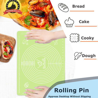 Rolling Pin Silicone Baking Pastry Mat Set,Pizza Dough Roller Baking Mat for Rolling Dough Non Slip Extra Large with Measure,Kitchen Counter Mat for Pie,Crust,Cookies,Bread,Pastries,Pasta, 15.7" x 24"