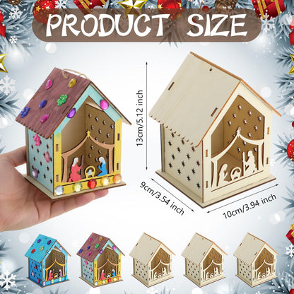 DoubleFill 24 Pcs Christmas Nativity Painting Craft Kits for Kids Make Your Own Religious Jesus House DIY Coloring Wooden Christian Nativity Craft for Classroom Art Sunday School