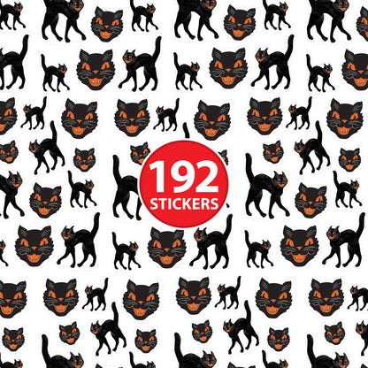 Beistle Vintage Halloween Black Cat Stickers – 16 Sheets of Retro Peel-and-Stick Decals with Classic Faces and Spooky Poses, 192 Total Seals for Crafts, Scrapbooking and Party Handouts