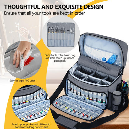 Acrylic Paint and Brush Set Organizer Bag - Carrying Case Compatible with Apple Barrel, Shuttle Art, Caliart Art Supplies - Includes Detachable Paint Brush Holder - for Travel/Outdoor Sketching (Gray)