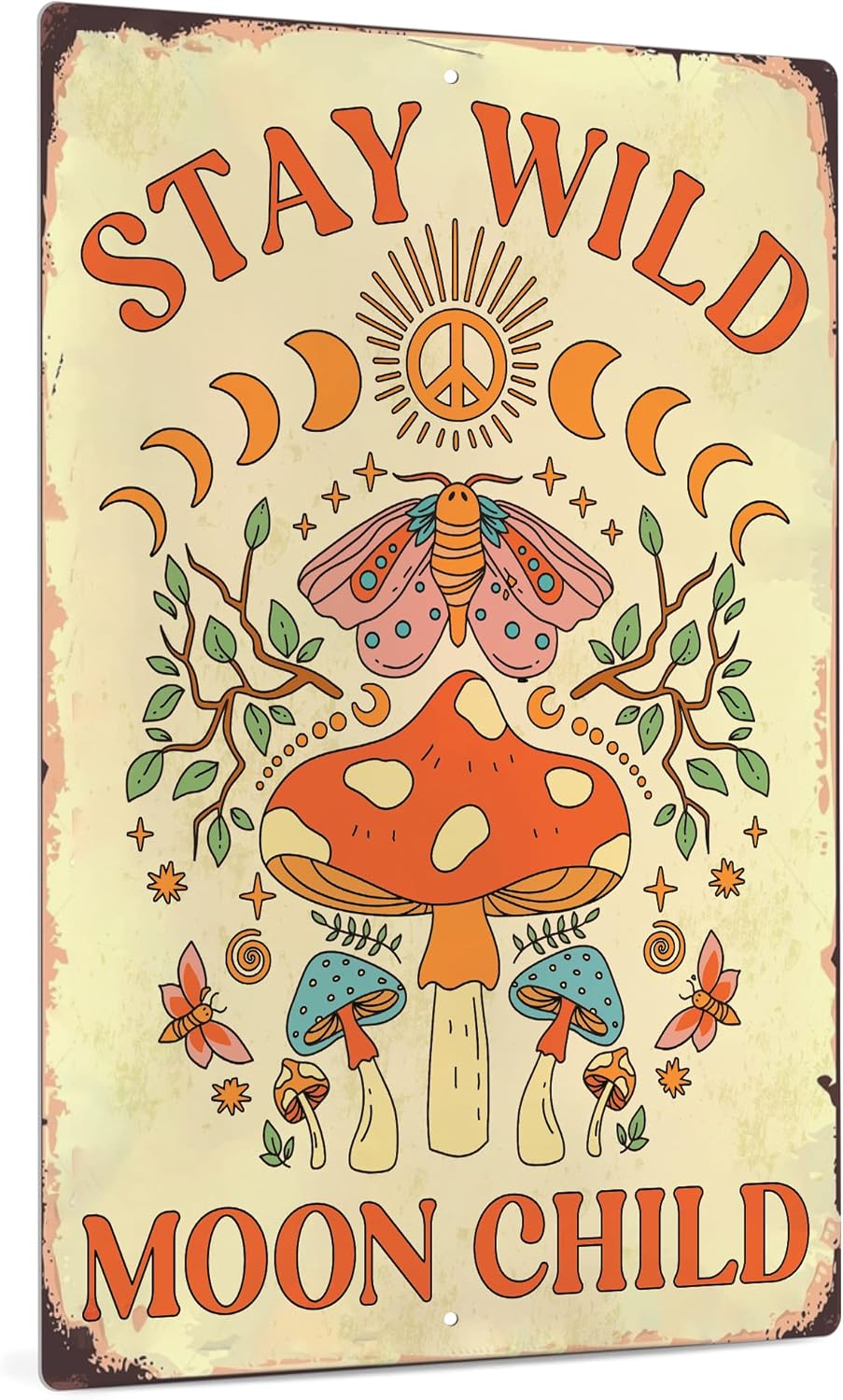 12 8 Inches Putuo Decor Stay Wild Moon Child Sign, Retro Mushroom Wall Decor, x Aluminum for Bathroom, Living Room