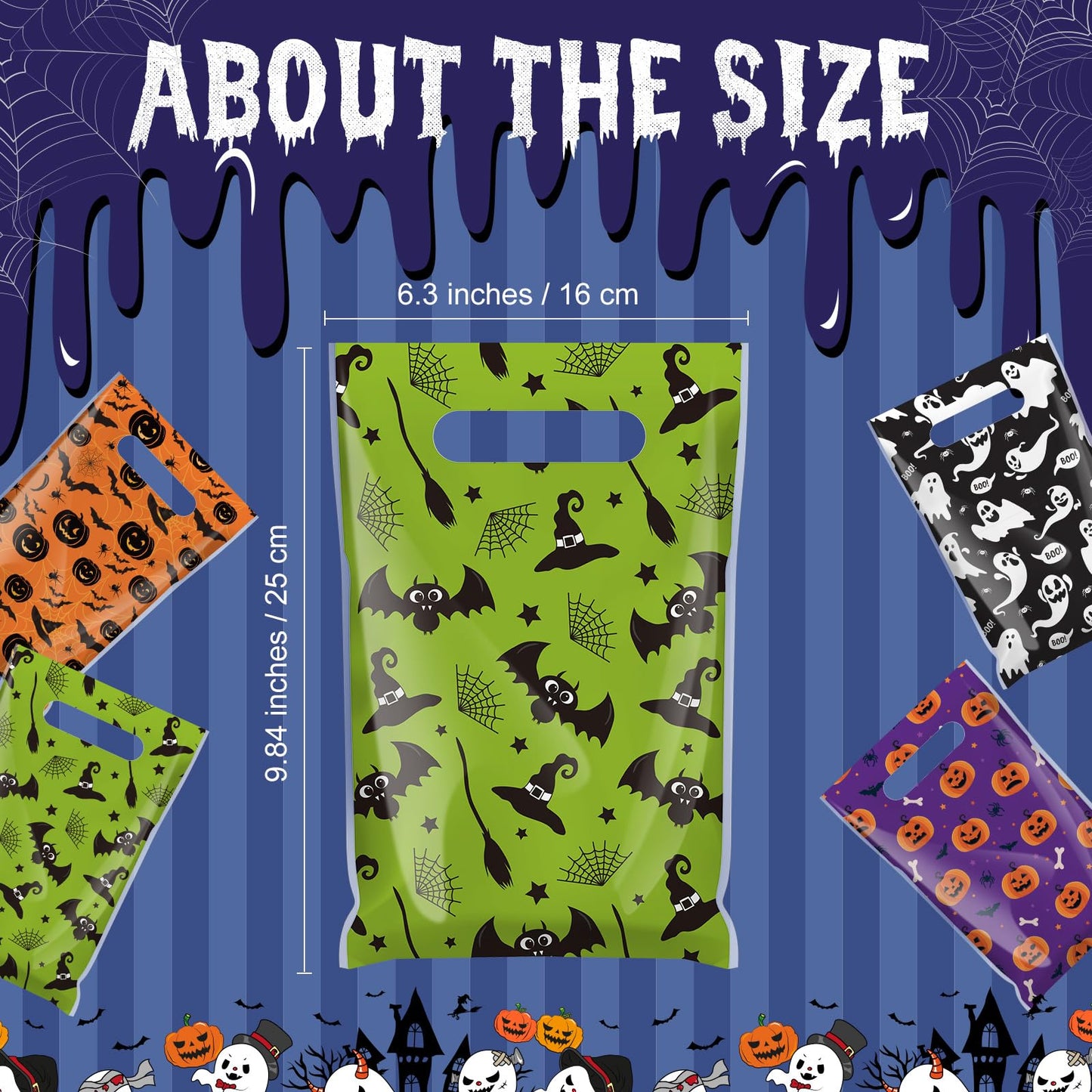 Gilprop 48 Pcs Halloween Plastic Gift Bags Ghost Pumpkin Bat Party Favor Bags Halloween Goodie Treat Candy Pouches with Handle for Party Supplies Gift Wrap