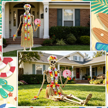7Pcs Summer Hawaiian 12 ft Skeleton Costume Accessories Include Inflatable Flamingo Swimming Ring Hawaiian Hula Grass Skirt Beach Ball Wristbands Flower Garlands for Garden Lawn Luau Party Decor