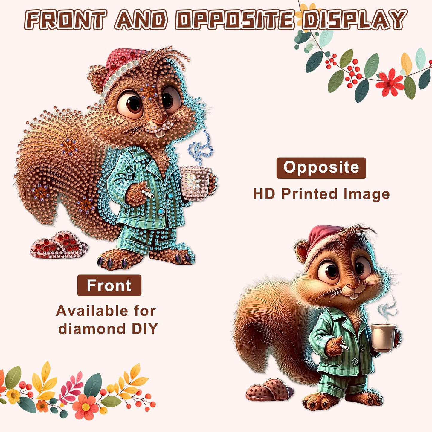 KEYIFA Coffee Addiction Diamond Art Hanging Kits with Chain, Special Shaped Drill Diamond Painting Pendant, Squirrel Crystal Gem Art Pendant 5D Window Crafts for Wall Garden Door Decor (Width 7.9 in)