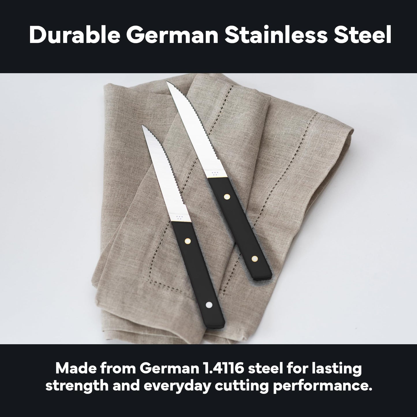 Misen Steak Knives Set of 4 - Precision Serrated Blades for Effortless Dining - Stainless Steel - Superior Cuts with Four Steak Knives Handles - Black