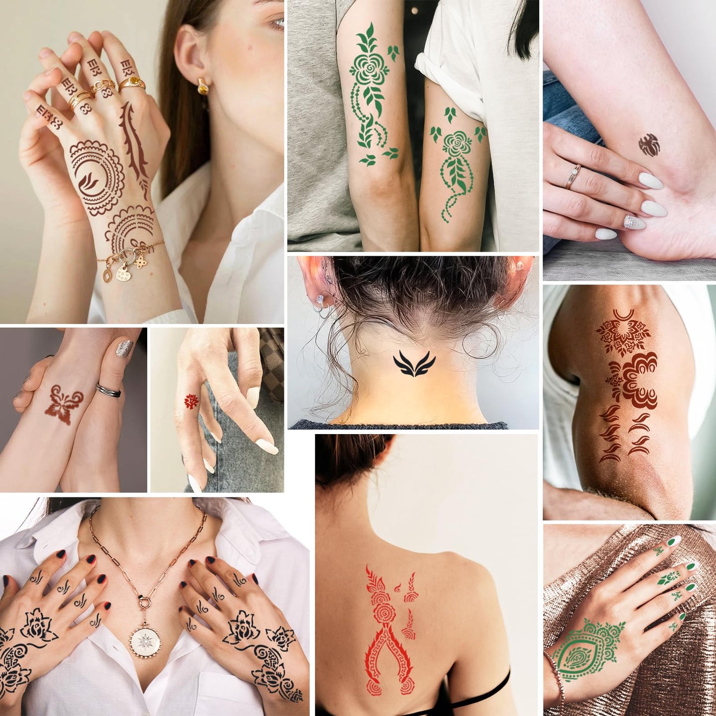 MuseLuxe Temporary Tattoos Stencils Kit,Temporary Tattoos Kit - 8 Pcs 4 Color(Brown,Black,Cherry red,Green), Ink with Gloves,DIY Body Art Painting for Women Men Adults Kids