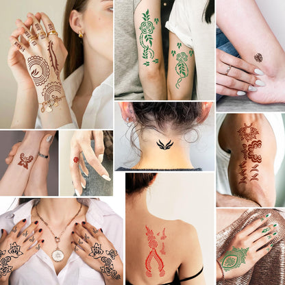 MuseLuxe Temporary Tattoos Stencils Kit,Temporary Tattoos Kit - 8 Pcs 4 Color(Brown,Black,Cherry red,Green), Ink with Gloves,DIY Body Art Painting for Women Men Adults Kids
