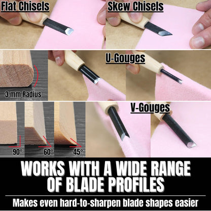 KAKURI Wood Carving Tool Sharpening Kit - Quick & Easy Strop System for Polishing & Deburring - Abrasive Stropping Cloth, Angled Strop Block, Blade Oil Applicator - Made in Japan