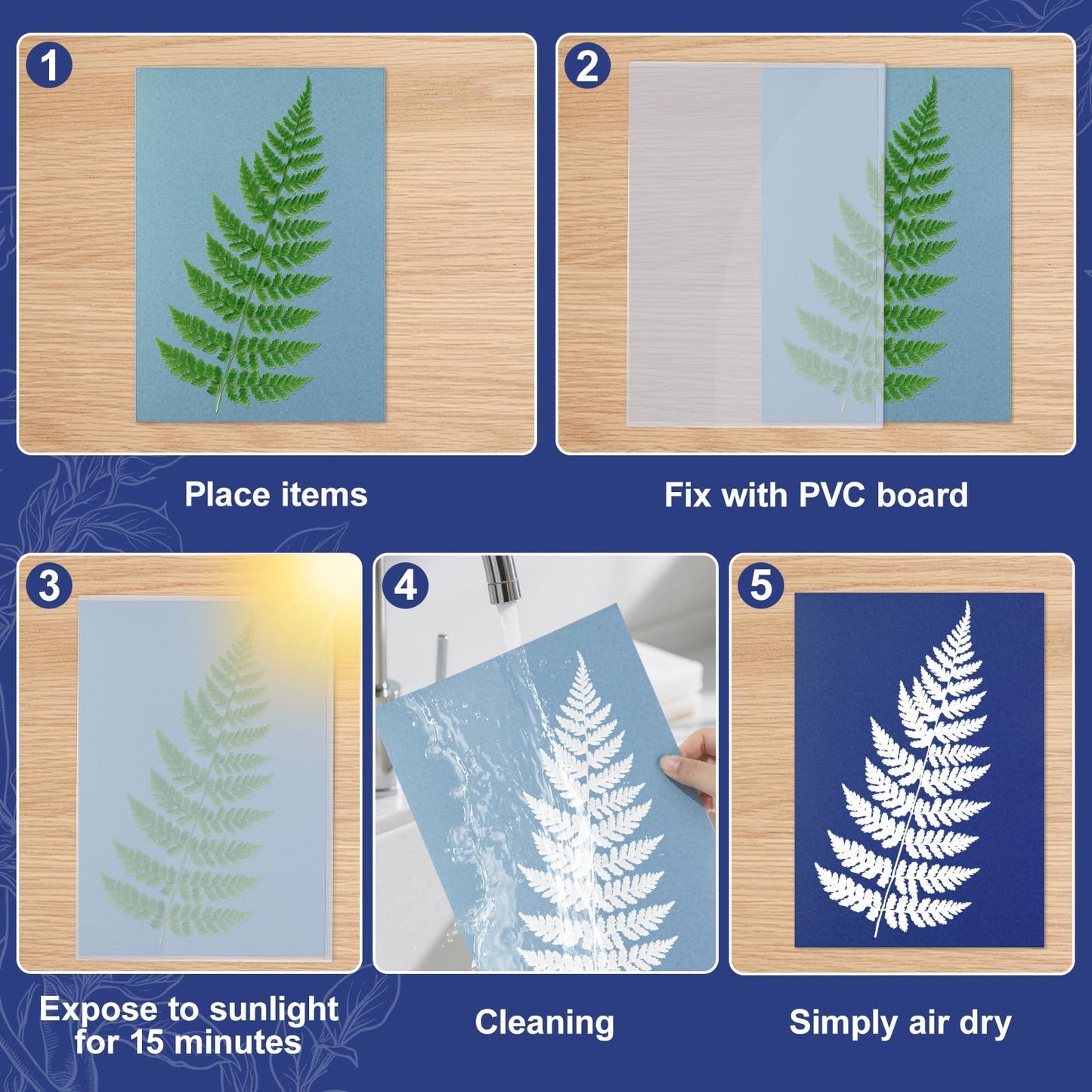 gisgfim Sun Cyanotype Printing Paper Kit A4 24 Sheets Cyanotype Papers with 1 Sheet Acrylic Panel and Manual High Sensitive Nature Solar Activated UV Sun Printing for Arts DIY Crafts Project