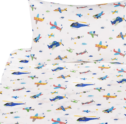 J-pinno Set 100% Set Plane Airplane Aircraft Helicopter Cartoon Twin Sheet Bedroom Decoration Gift Cotton Flat Sheet +