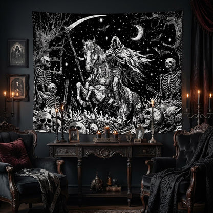 Lifeella Gothic Skeleton Tapestry, Horror Moon Skull Dark Death Grim Reaper Wall Art for Bedroom Grunge Room Decor, Black and White 44x60 inches