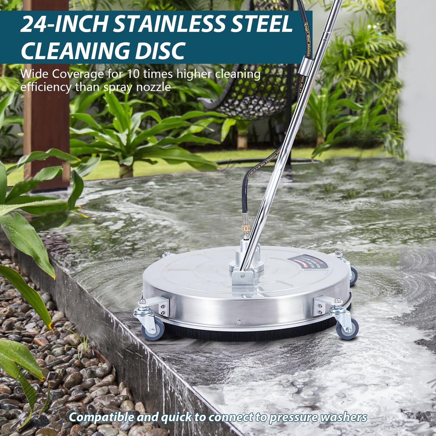 Kiarixo 24" Pressure Washer Surface Cleaner with Dual Handle 4 Wheels, 3/8" Connector, 2 Replacement Nozzles, Stainless Steel Power Washer Housing Accessory for Driveways Decks Sidewalk Patio Cleaning