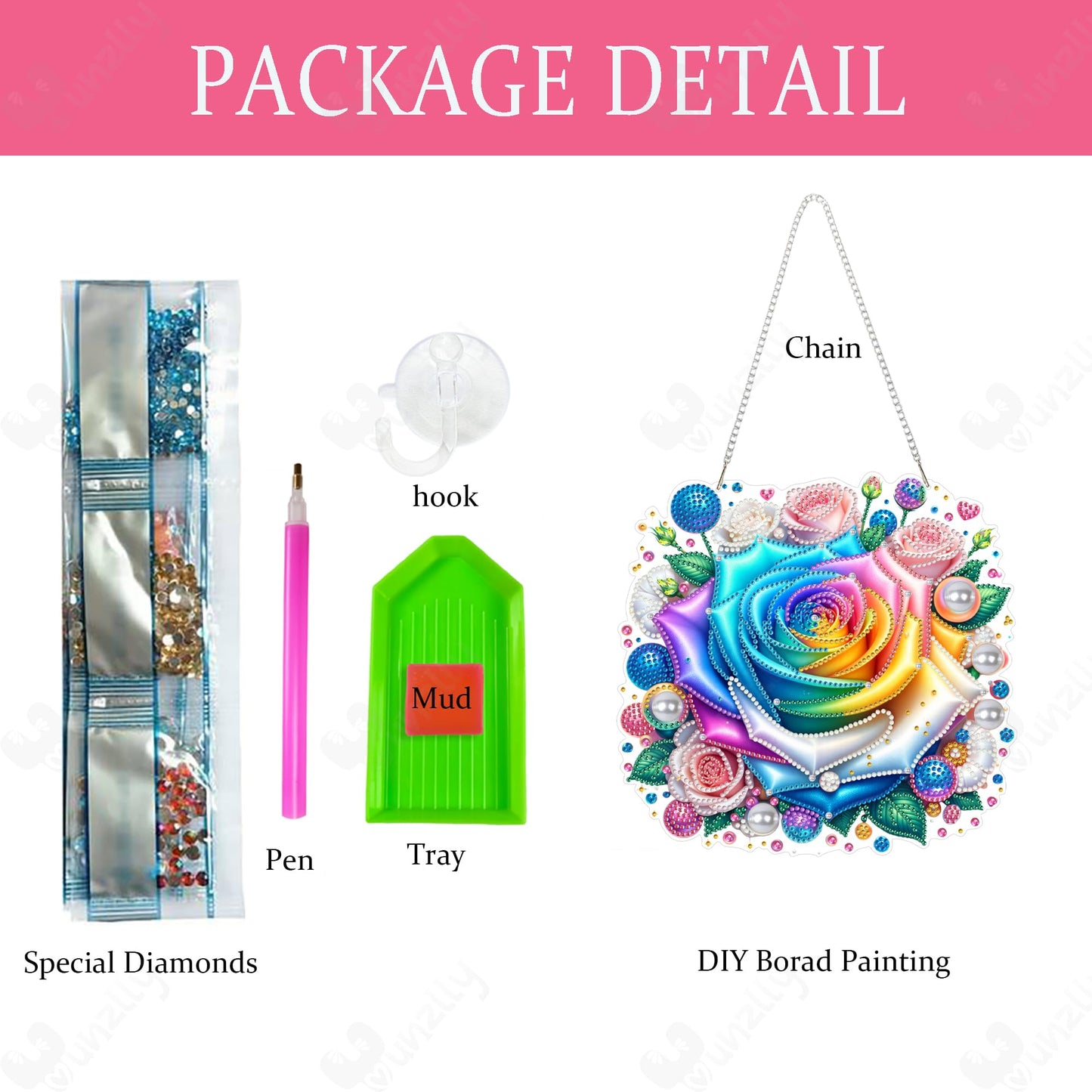 Yunzlly DIY Hanging Diamond Art Pendant Kit, Special Crystal Double Sided Diamonds Painting Ornament Kit for Adults, Acrylic Gem Painting Board for Window&Door&Wall (Rose Flower)