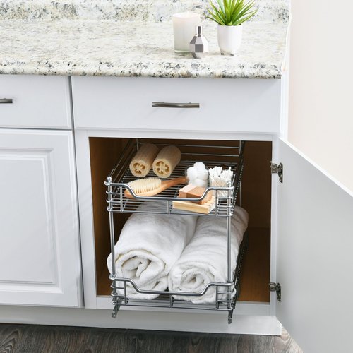 Household Essentials Glidez Multipurpose Chrome-Plated Steel Pull-Out/Slide-Out Storage Organizer for Under Cabinet Use - 2-Tier Design - Fits Standard Size Cabinet or Shelf, Chrome