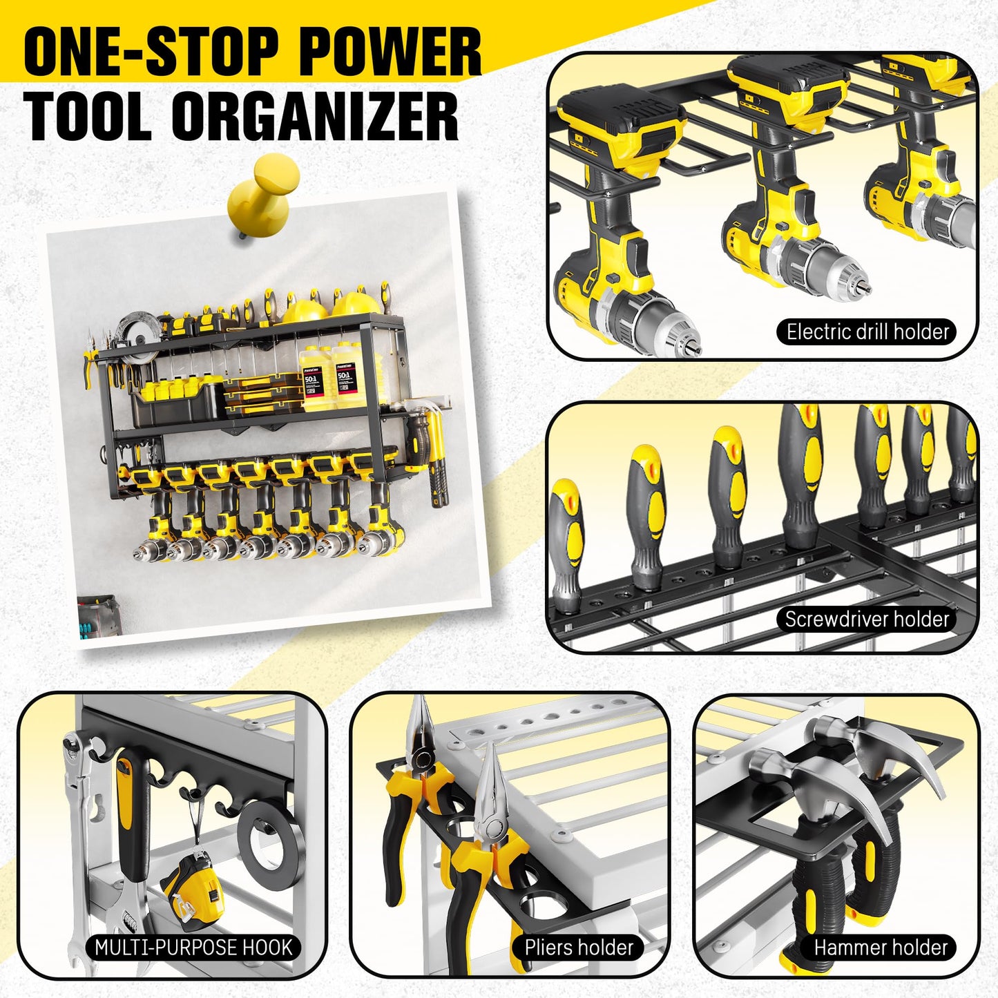 Hipidian Fathers Day Dad Gifts for Men, Power Tool Organizer Wall Mount- 300lb Capacity 3-Tier Storage Rack with 7 Drill Holders for Garage Tools, Best Birthday Gifts for Men Dad Husband