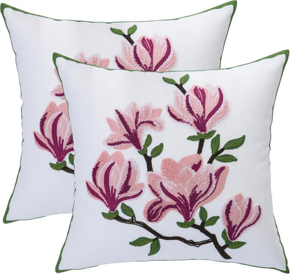Embroidered Throw Pillow Covers 18x18 Inch Set of 2, Pink Magnolia Flower Spring Pillowcases for Living Room