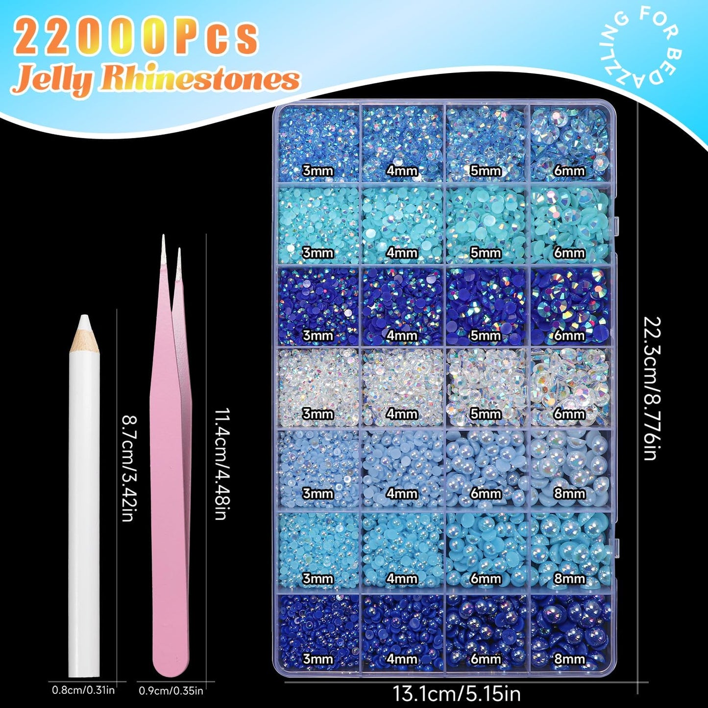 22000 Pcs Blue Flatback Pearls and Rhinestones Bedazzling Kit, Resin Rhinestones Gems for Crafting, Mixed Size Half Pearls Gems for Nails Face Eyes Makeup Bottles Shoes DIY Crafts