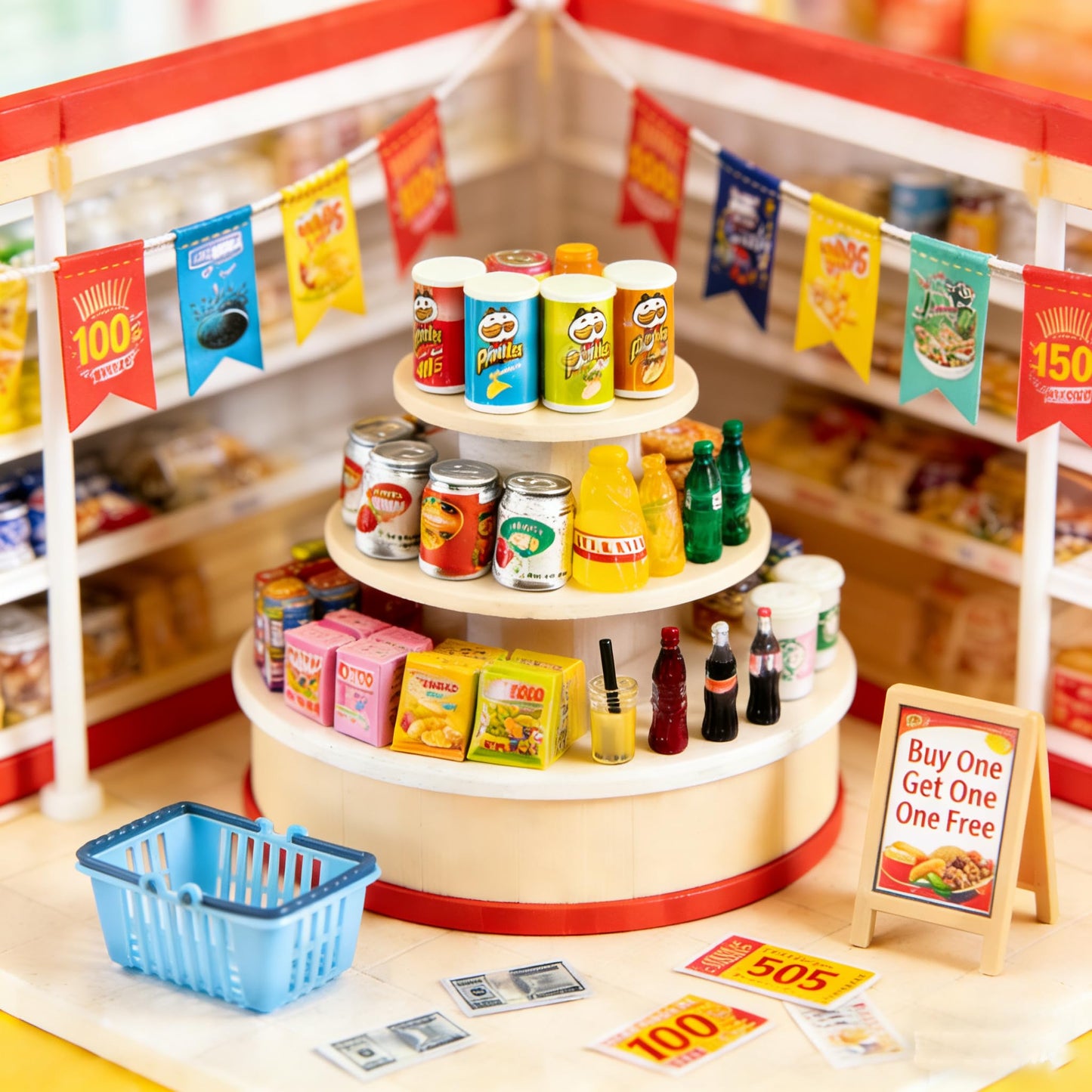 112pcs Miniature Dollhouse Grocery Set Shopping Cart Basket Food Drink Bottle Supermarket Metal Handcart Toys Doll House Store Cosplay Game Dollhouse Grocery Party Trolley Model Dollar Bills