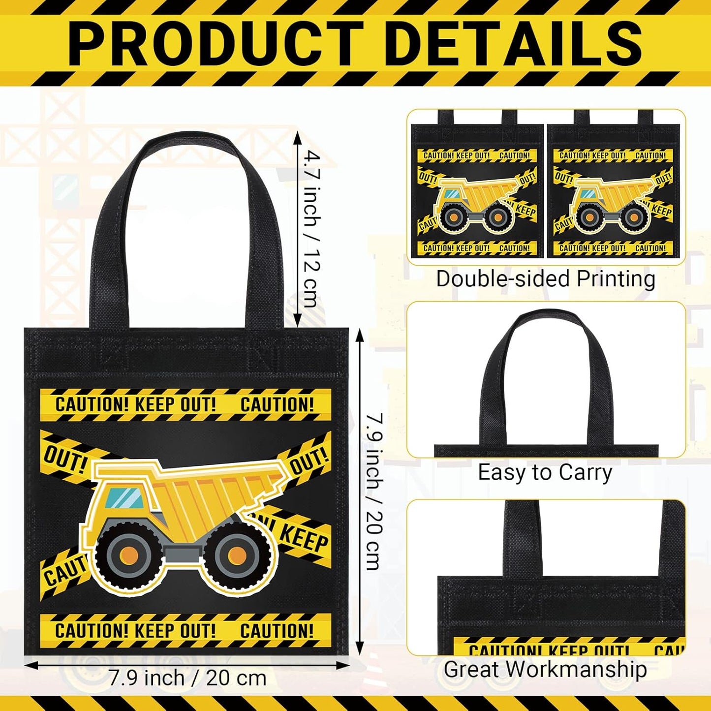 Photect 24 Pieces Construction Party Favors Bags, Non Woven Tote Bags for Birthday Party Supplies, Truck Treat Bags
