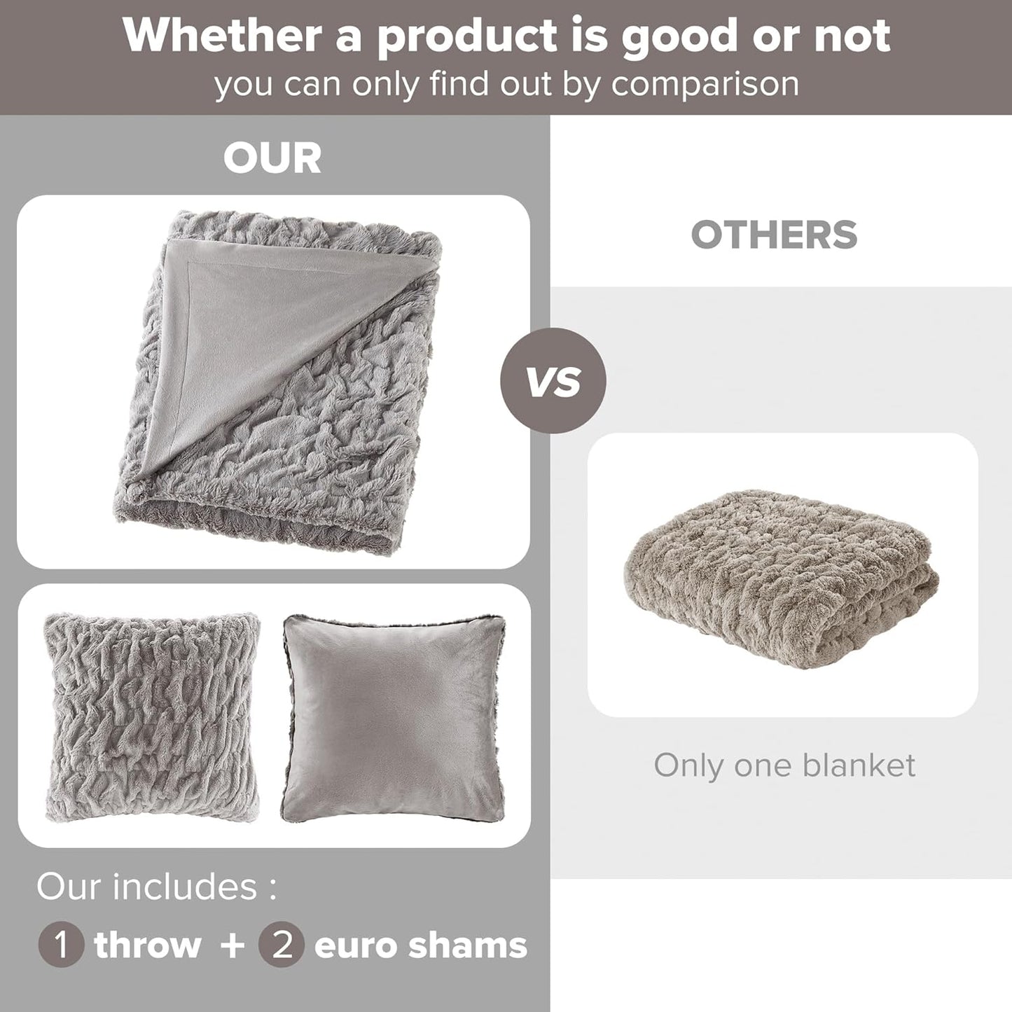 Set 2 50"x 60" Comfort Spaces Ruched Faux Fur Plush Throw Blanket and Pillow with Matching Square Pillow Covers Sofa