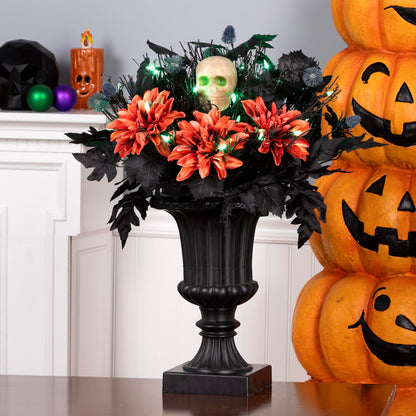 National Tree Company, 20inch Artificial Boo-Tiful Halloween Urn with Orange Florals and White Skull, 30 Green LED Lights,