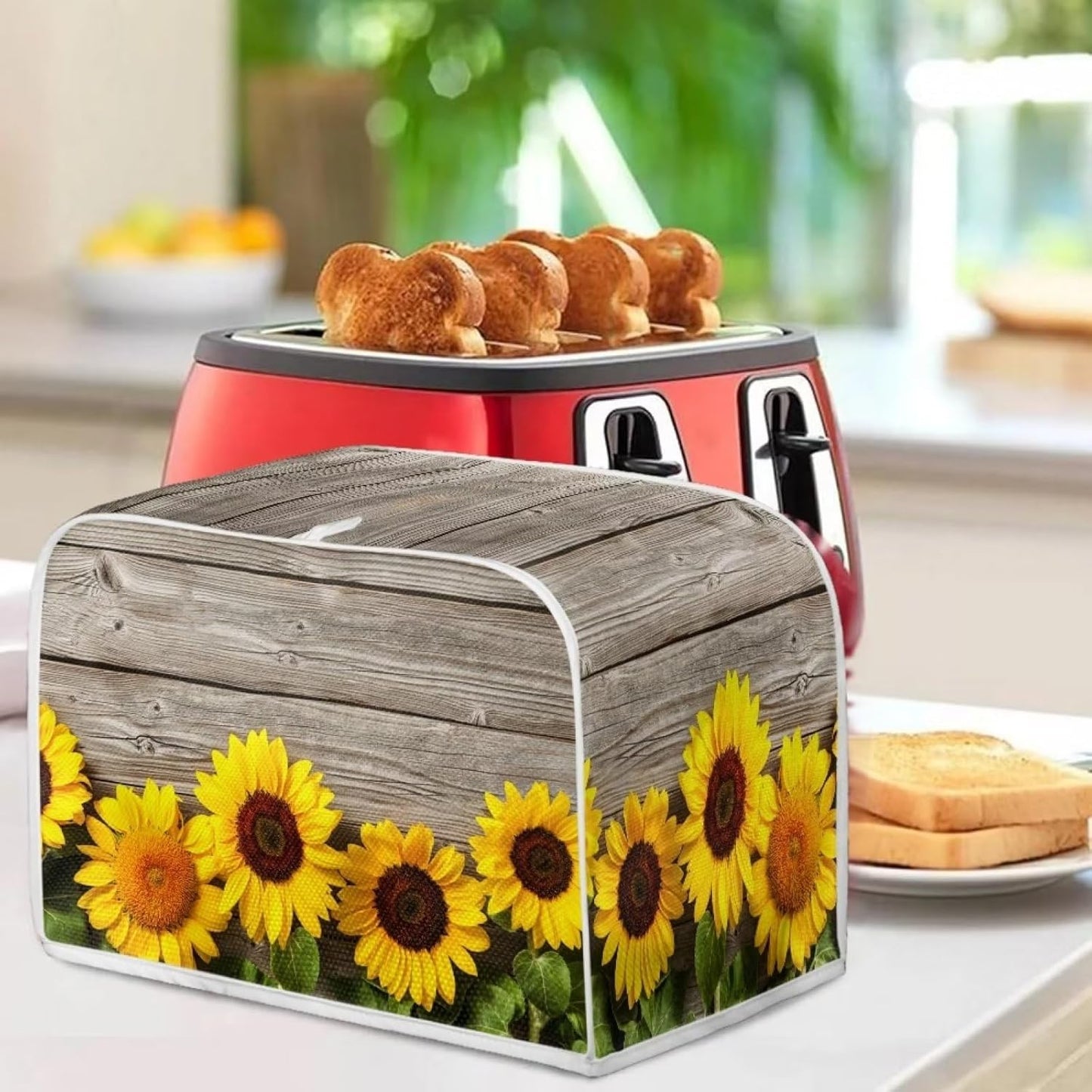 Sunflower Wood Board Toaster Cover, Quilted Polyester for Four Slice Dust Protection with Top Handle